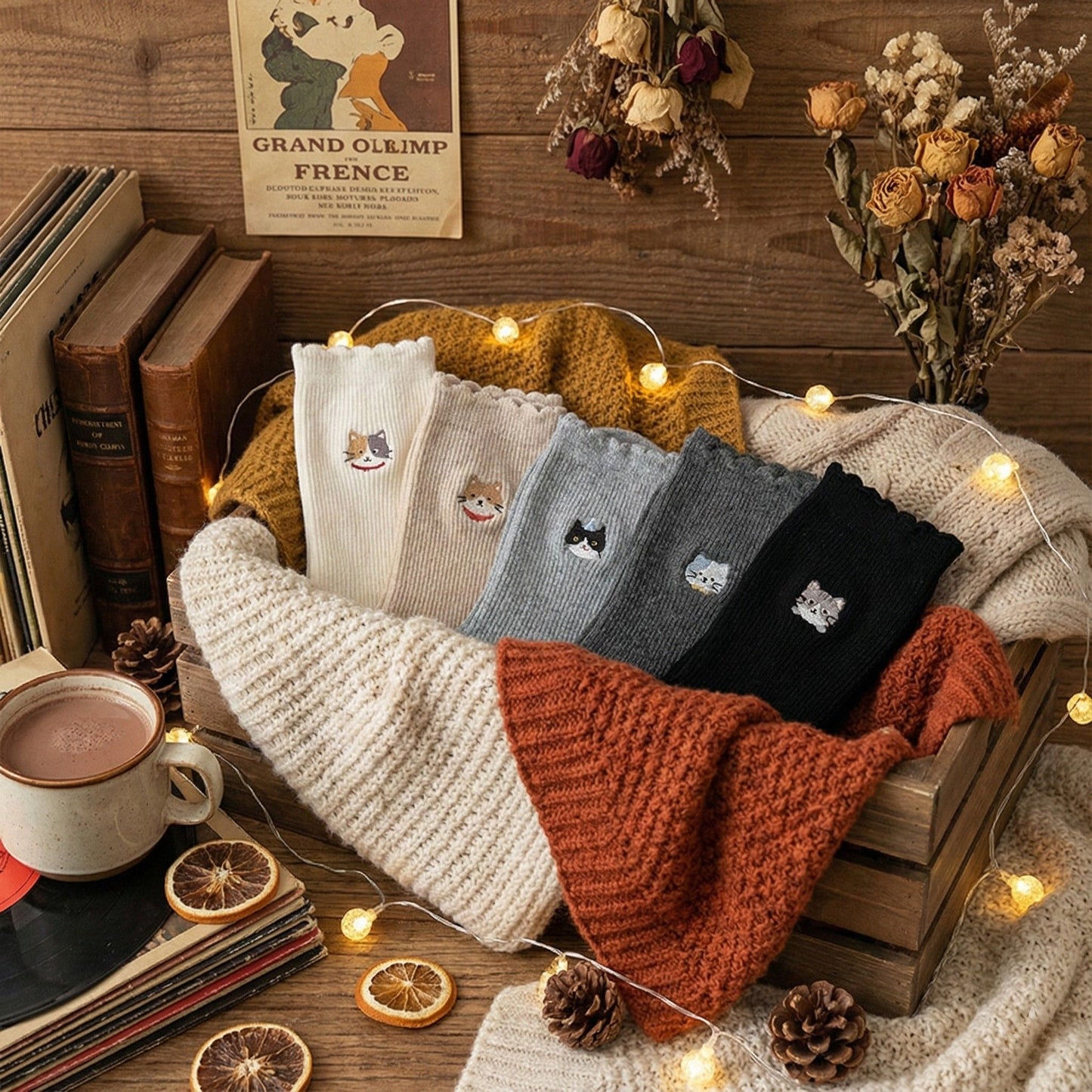 Cute Cat Embroidered Cozy Socks