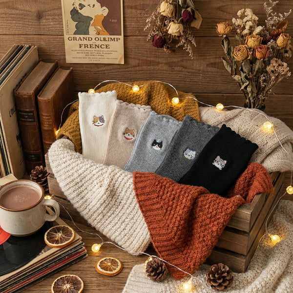 Cute Cat Embroidered Cozy Socks