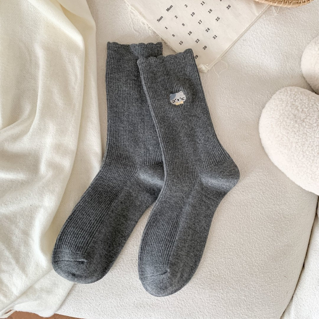 Cute Cat Embroidered Cozy Socks